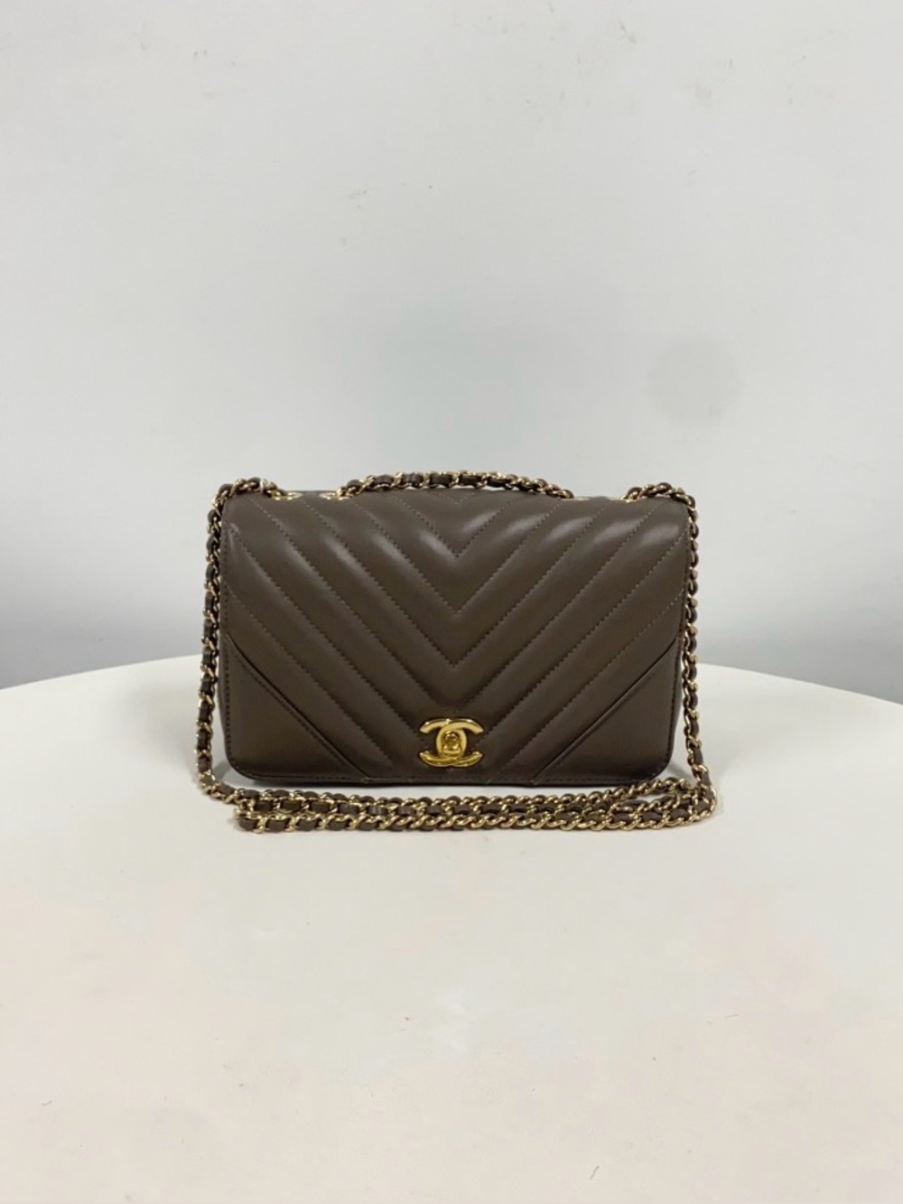 CHANEL Chevron Quilted Crossbody Bag in Taupe with Gold Hardware